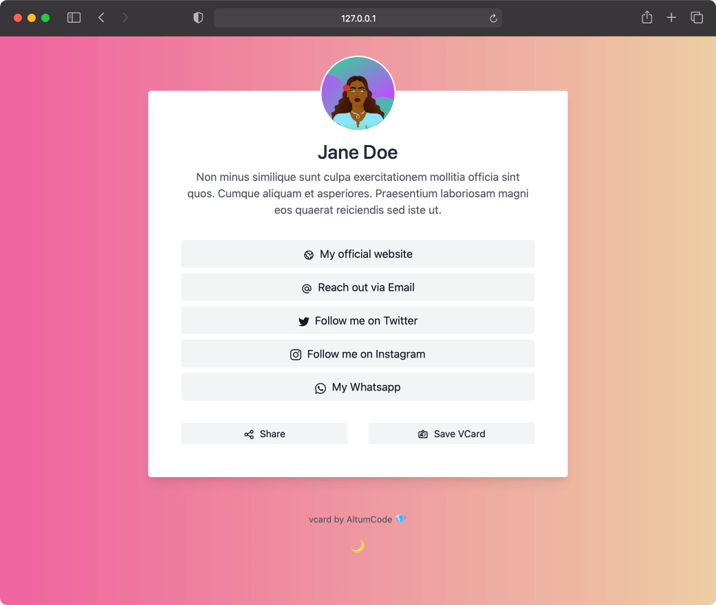 Capture d'écran des exemples de page vcard