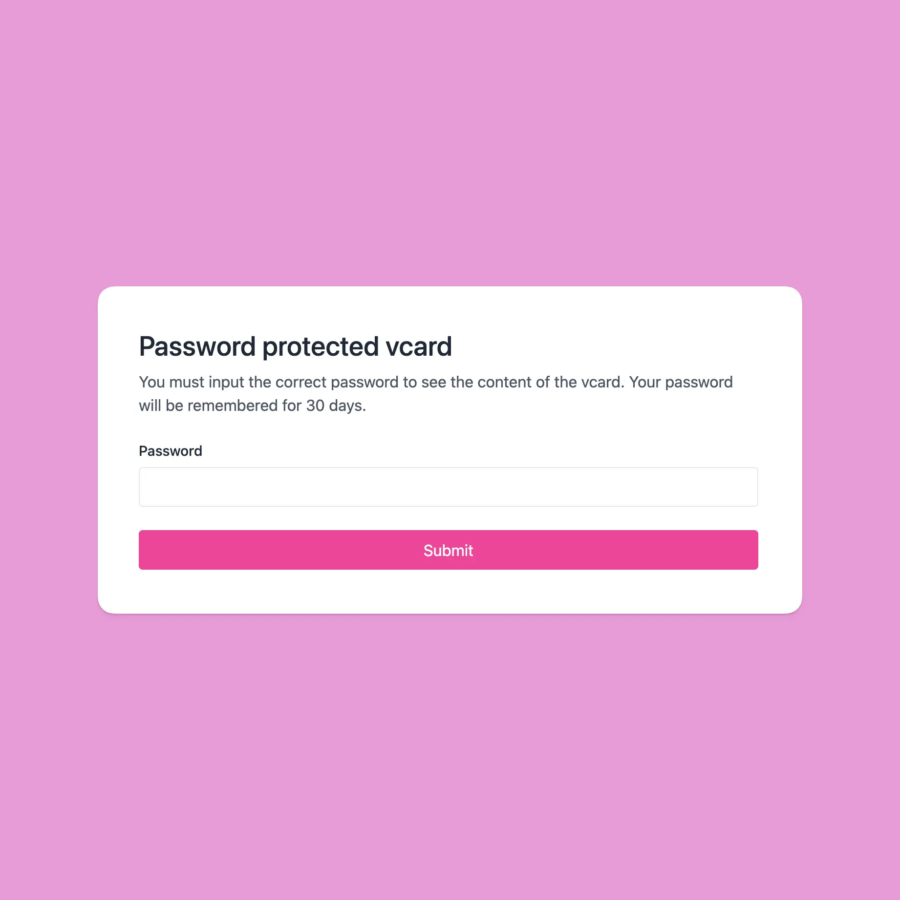 Capture d'écran de l'exemple de protection par mot de passe de l'application vcard