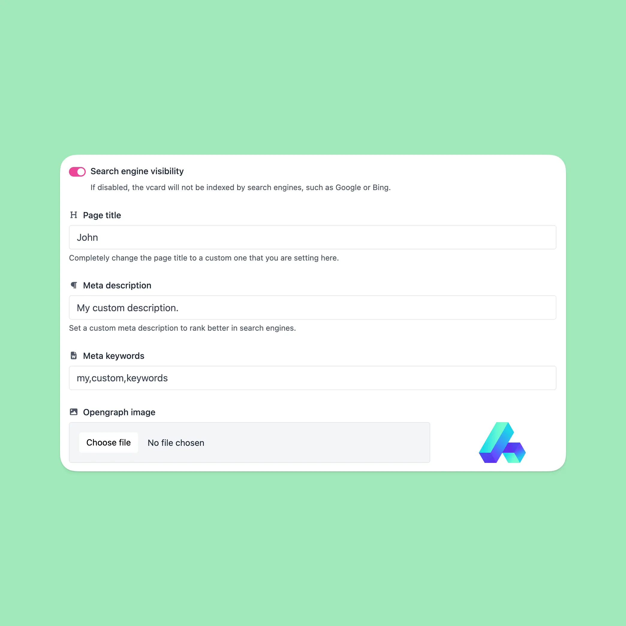 Capture d'écran de la page des paramètres SEO de l'application vcard